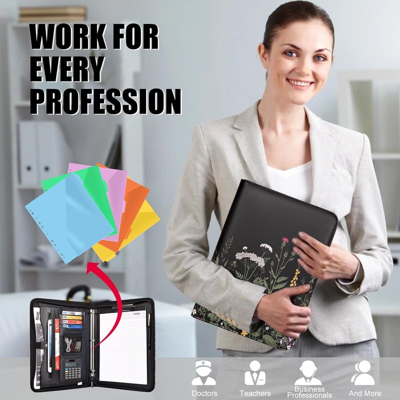 Eshow Portfolio Organizer - 3 Ring Binder with Zipper, Vegan Leather Business Padfolio Folder with Notepad Includes 5 Colorful Sheet Protectors for Documents Files for Women - Image 5
